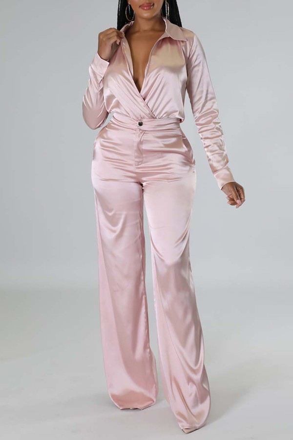 Pink Casual Solid Patchwork Turndown Collar Long Sleeve Two Pieces