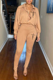 Apricot Casual Print Patchwork Zipper Turndown Collar Regular Jumpsuits