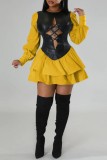 Yellow Casual Solid Hollowed Out Patchwork O Neck Long Sleeve Dresses