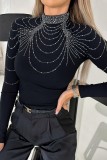 Black Casual Solid Patchwork Hot Drill Turtleneck Tops
