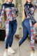 Blue Street Print Patchwork Letter Zipper Collar Long Sleeve Two Pieces