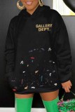 Black Street Print Letter Hooded Collar Tops
