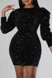 Black Sexy Solid Sequins Patchwork O Neck Pencil Skirt Dresses