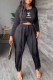 Black Casual Print Tassel Letter O Neck Long Sleeve Two Pieces