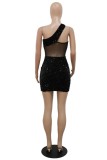Black Fashion Sexy Patchwork Bandage See-through Backless Oblique Collar Sleeveless Dress