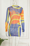 Yellow Blue Sexy Print Patchwork See-through O Neck Pencil Skirt Dresses