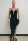 Pink Sexy Formal Patchwork Sequins Feathers Backless Strapless Evening Dress Dresses