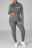 Deep Blue Casual Print Letter Hooded Collar Long Sleeve Two Pieces