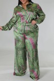Green Casual Print Basic Turndown Collar Plus Size Two Pieces
