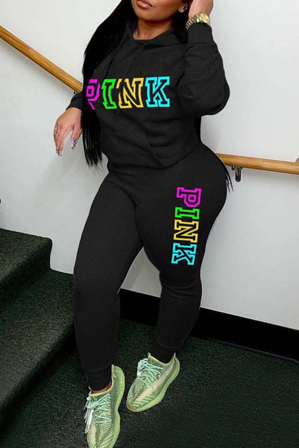 Black Casual Letter Print Basic Hooded Collar Long Sleeve Two Pieces