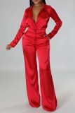 Red Casual Solid Patchwork Turndown Collar Long Sleeve Two Pieces