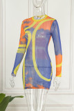 Yellow Blue Sexy Print Patchwork See-through O Neck Pencil Skirt Dresses