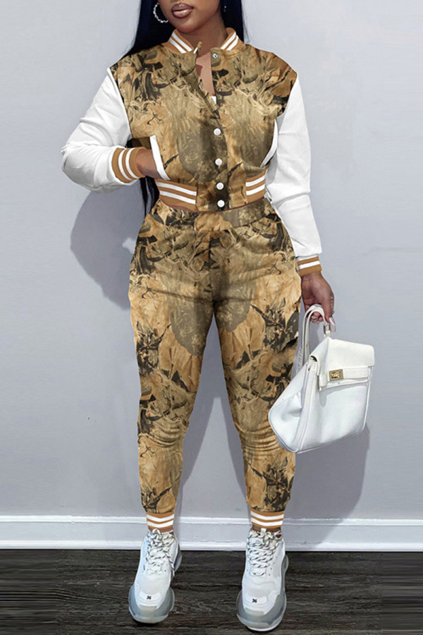 Brown Casual Print Patchwork Buckle Long Sleeve Two Pieces