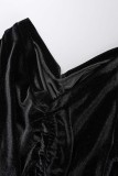 Black Sexy Casual Solid Draw String Fold Off the Shoulder Long Sleeve Dresses