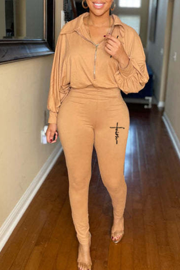 Apricot Casual Print Patchwork Zipper Turndown Collar Regular Jumpsuits