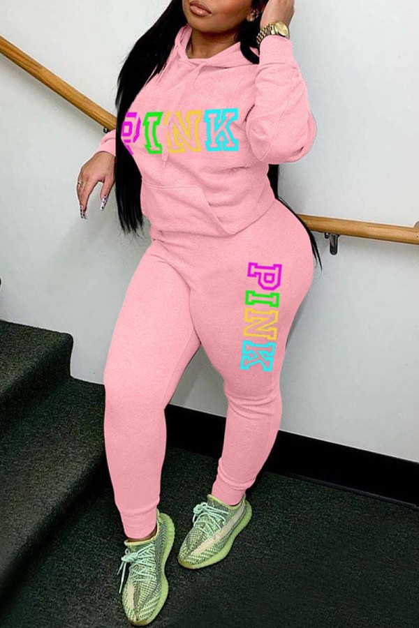 Pink Casual Letter Print Basic Hooded Collar Long Sleeve Two Pieces