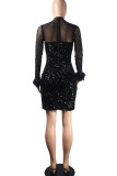 Black Sexy Solid Sequins Patchwork Feathers O Neck Pencil Skirt Dresses