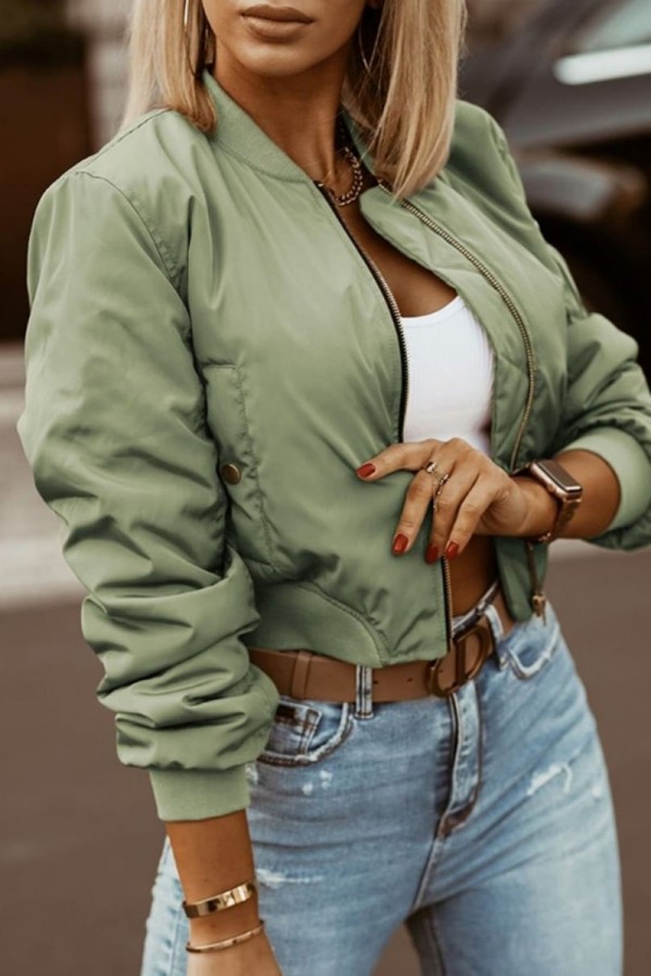 Army Green Casual Solid Patchwork O Neck Outerwear