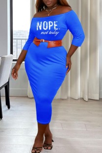 Color Blue Casual Print Basic Off the Shoulder Wrapped Skirt Plus Size Dresses (Without Belt)