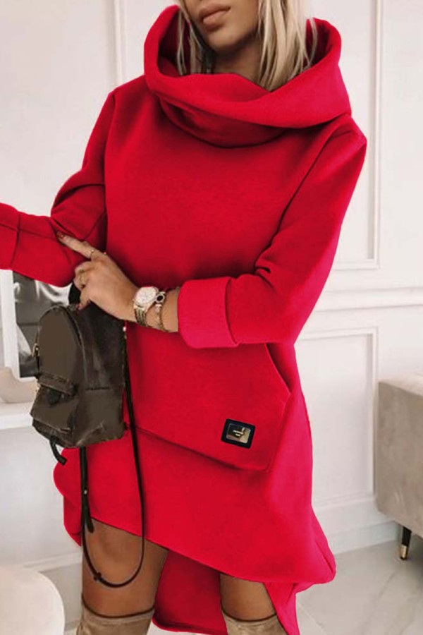 Red Casual Solid Patchwork Turtleneck Long Sleeve Dresses