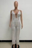 Champagne Sexy Casual Patchwork Sequins Backless Spaghetti Strap Regular Jumpsuits