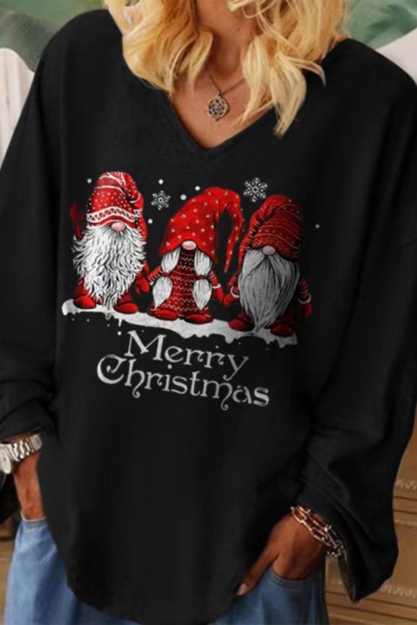 Black Red Casual Print Basic V Neck Tops