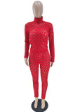 Red Sexy Solid Hollowed Out Patchwork Turtleneck Long Sleeve Two Pieces