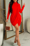 Red Sexy Solid Patchwork Asymmetrical Turtleneck Long Sleeve Dresses