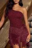 Burgundy Sexy Solid Tassel Embroidered Patchwork Backless Oblique Collar One Shoulder Dress Dresses