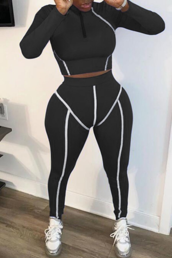 Black Casual Sportswear Solid Patchwork Zipper Collar Long Sleeve Two Pieces