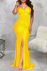 Yellow Elegant Solid Patchwork Slit Fold V Neck Evening Dress Dresses