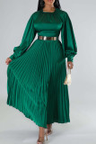 Rose Red Casual Solid Patchwork O Neck Long Sleeves Pleated Dresses (Without Belt)