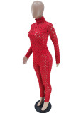 Red Sexy Solid Hollowed Out Patchwork Turtleneck Long Sleeve Two Pieces