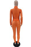 Red Sexy Solid Hollowed Out Patchwork Turtleneck Long Sleeve Two Pieces