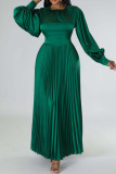 Rose Red Casual Solid Patchwork O Neck Long Sleeves Pleated Dresses (Without Belt)