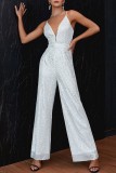 Red Sexy Casual Patchwork Sequins Backless Spaghetti Strap Regular Jumpsuits