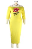 Yellow Red Casual Print Basic Off the Shoulder Wrapped Skirt Plus Size Dresses (Without Belt)
