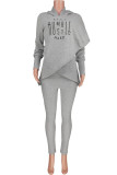 Grey Casual Letter Patchwork Hooded Collar Long Sleeve Two Pieces