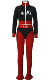 Red Street Print Patchwork Zipper Collar Long Sleeve Two Pieces