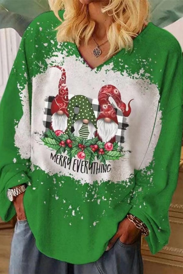 Green White Casual Print Basic V Neck Tops