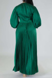 Rose Red Casual Solid Patchwork O Neck Long Sleeves Pleated Dresses (Without Belt)