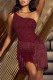 Burgundy Sexy Solid Tassel Embroidered Patchwork Backless Oblique Collar One Shoulder Dress Dresses