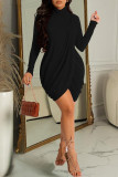 Black Sexy Solid Patchwork Asymmetrical Turtleneck Long Sleeve Dresses
