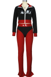 Red Street Print Patchwork Zipper Collar Long Sleeve Two Pieces