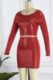 Red Sexy Patchwork Sequins O Neck Long Sleeve Two Pieces