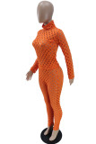 Red Sexy Solid Hollowed Out Patchwork Turtleneck Long Sleeve Two Pieces