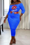 Blue White Casual Print Basic Off the Shoulder Wrapped Skirt Plus Size Dresses (Without Belt)