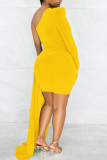 Yellow Sexy Solid Patchwork Asymmetrical Oblique Collar Pencil Skirt Dresses
