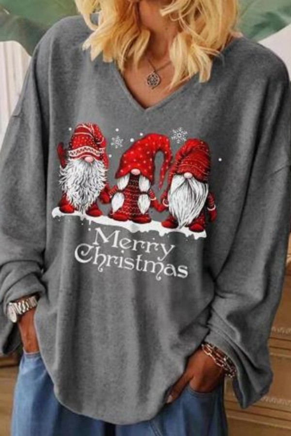 Grey Casual Print Basic V Neck Tops