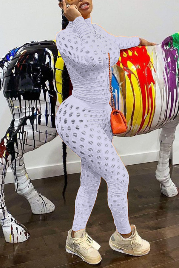 White Sexy Solid Hollowed Out Patchwork Turtleneck Long Sleeve Two Pieces